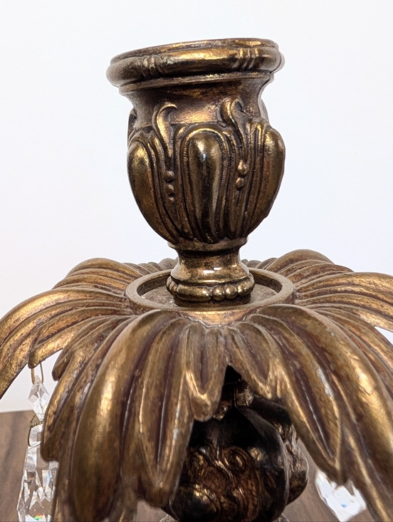 Pair Of Hollywood Regency Gold Tone Large Footed Candle Holders Crystals Marble